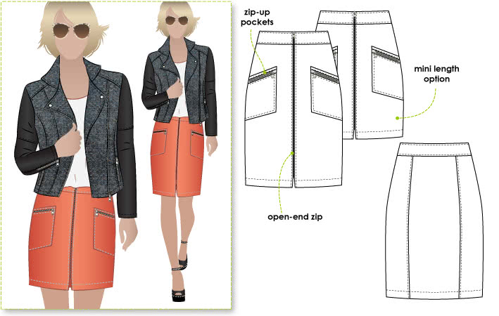 Mindi Skirt Sewing Pattern By Style Arc - Versatile but trendy zip front skirt in 2 lengths