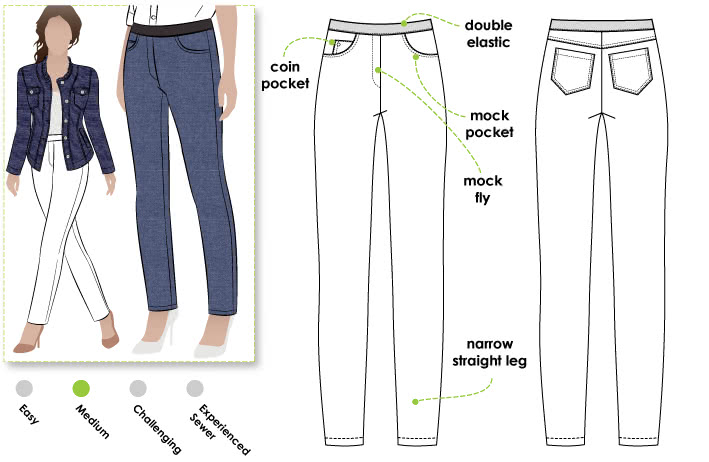 Misty Stretch Pull-On Jean Sewing Pattern By Style Arc - Stretch denim slim leg jean with an elastic waist for comfort