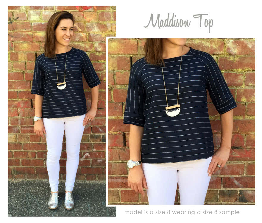 Maddison Top Sewing Pattern By Style Arc - Versatile top featuring a slight trapeze shaped body and elbow length raglan sleeve