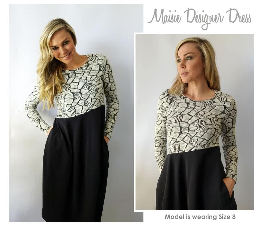 Maisie Designer Dress Sewing Pattern By Style Arc - Designer dress in a knit and stretch woven combination