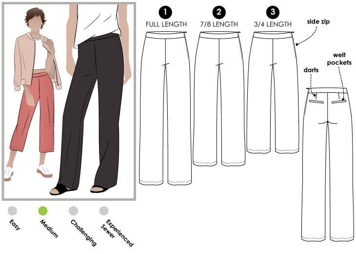 Natasha Woven Pant Sewing Pattern By Style Arc - The new shaped wider leg pant in three lengths.