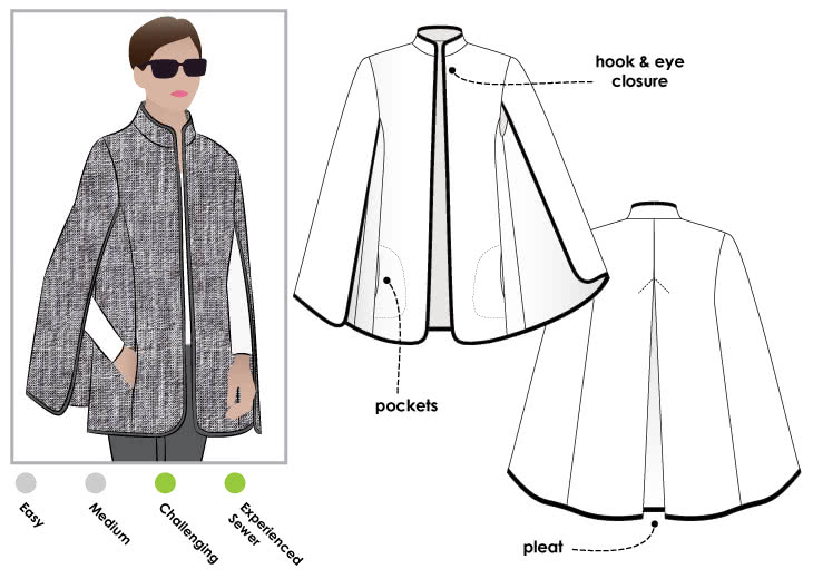 Nell Cape Sewing Pattern By Style Arc - Fashionable cape with bound edges and inseam pockets