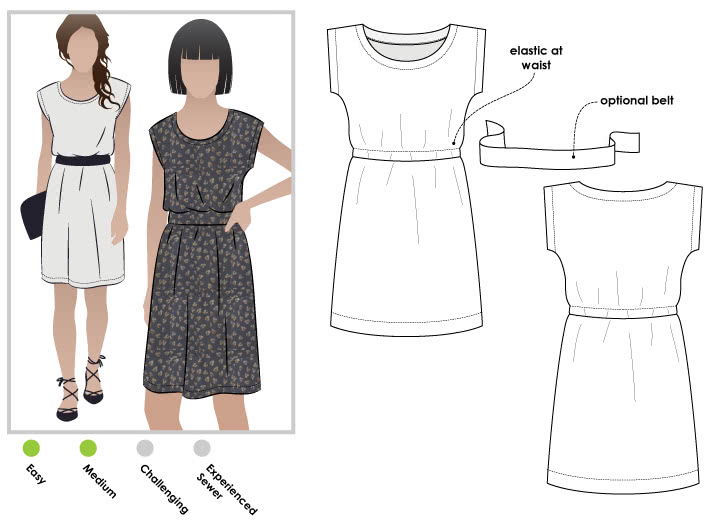 Olivia Dress Sewing Pattern By Style Arc - Shift dress with elastic waist and extended shoulder line