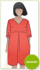Patricia Rose Dress Sewing Pattern By Style Arc - Loose fitting V-neck dress with front inverted pleat and in-seam pockets.