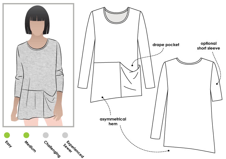 Pearl Knit Top Sewing Pattern By Style Arc - Draped side knit top with long or short sleeves