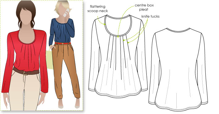 Pleated Pia Top Sewing Pattern By Style Arc - Long sleeve top with pleated neck line