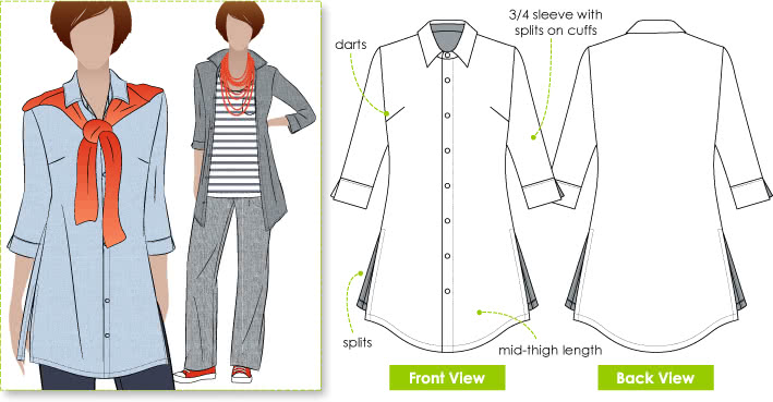 Sacha Shirt Sewing Pattern By Style Arc - Stylish long line over shirt with ¾ length sleeves