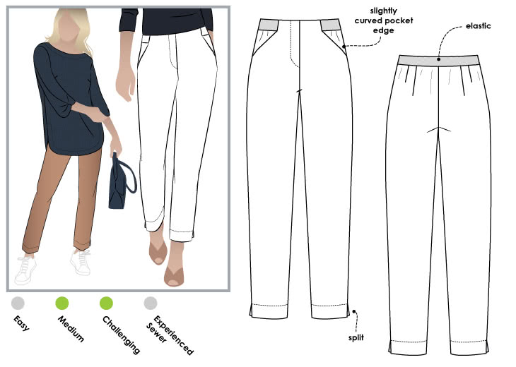 Sadie Pant Sewing Pattern By Style Arc - New elastic waist, ankle length, pull-on pant with tapered leg