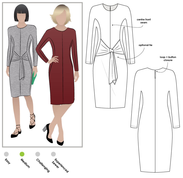Serena Knit Dress Sewing Pattern By Style Arc - All occasion dress with tie front and angled seams