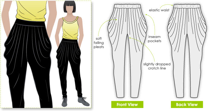 Shaza Jersey Pant Sewing Pattern By Style Arc - Stylish elastic waist pant with soft pleats