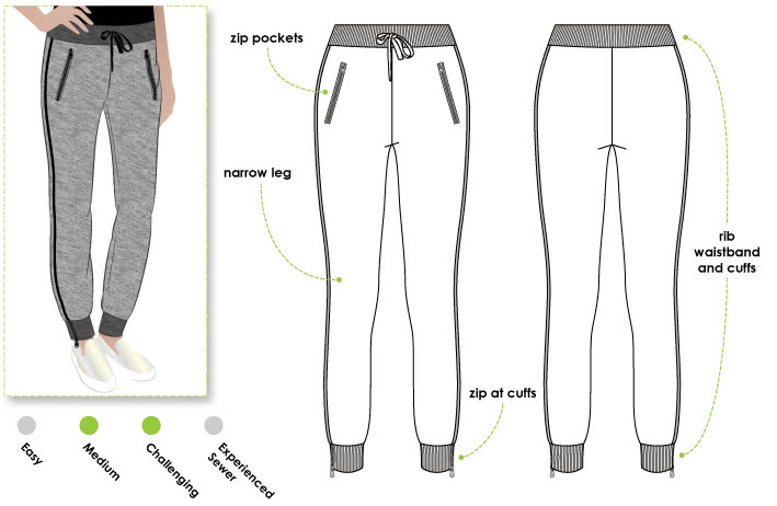 Shelby Sweat Pant Sewing Pattern By Style Arc - Slimline knit sweat pant with rib detail