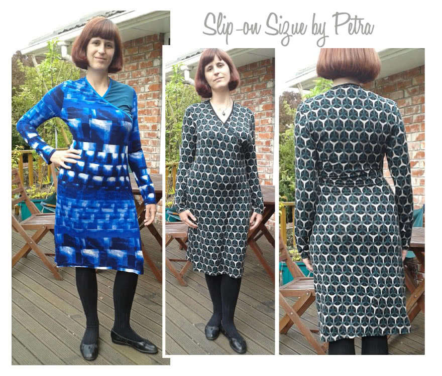 Slip-On Suzie Sewing Pattern By Petra And Style Arc - Jersey faux wrap dress with cap and long sleeves