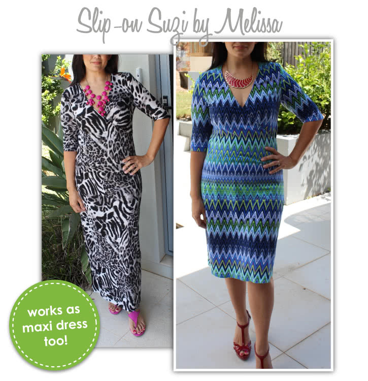 Slip-On Suzie Sewing Pattern By Melissa And Style Arc - Jersey faux wrap dress with cap and long sleeves