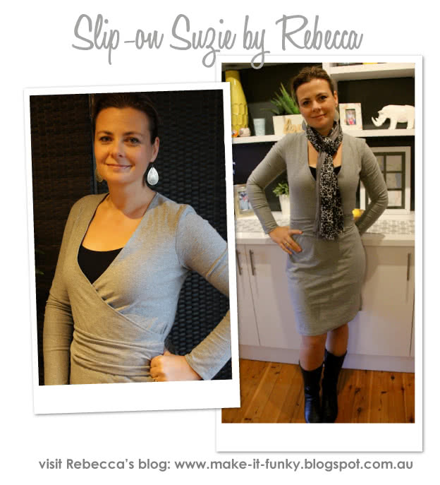 Slip-On Suzie Sewing Pattern By Rebecca And Style Arc - Jersey faux wrap dress with cap and long sleeves