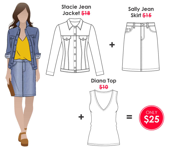 Stacie + Diana + Sally Outfit Sewing Pattern Bundle By Style Arc - Stacie Jean Jacket + Diana Top + Sally Jean Skirt
