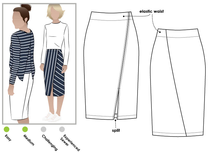 Taylor Knit Skirt Sewing Pattern By Style Arc - Pull-on tube skirt with angled design lines