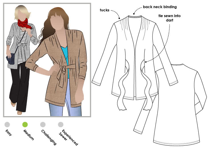 Terry Tie Cardi Sewing Pattern By Style Arc - Knit tie front cardigan with tucked shoulder detail