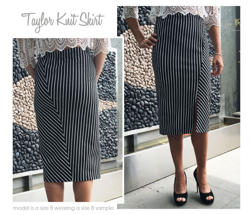 Taylor Knit Skirt Sewing Pattern By Style Arc - Pull-on tube skirt with angled design lines