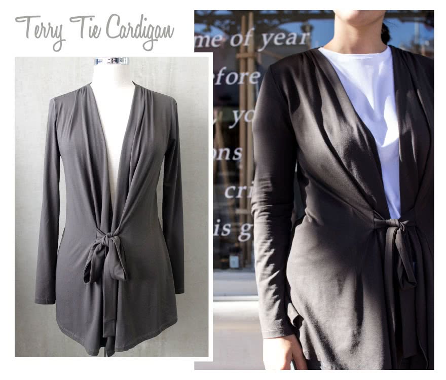 Terry Tie Cardi Sewing Pattern By Style Arc - Knit tie front cardigan with tucked shoulder detail