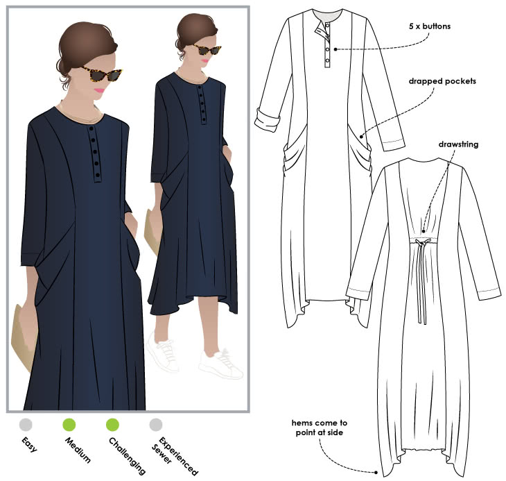 Winsome Designer Dress Sewing Pattern By Style Arc - Designer dress with a flattering drawstring back waistline and draped pockets.