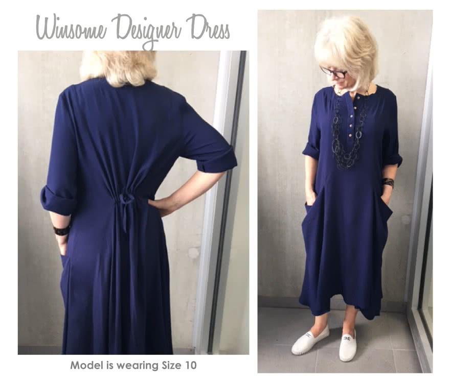 Winsome Designer Dress Sewing Pattern By Style Arc - Designer dress with a flattering drawstring back waistline and draped pockets.