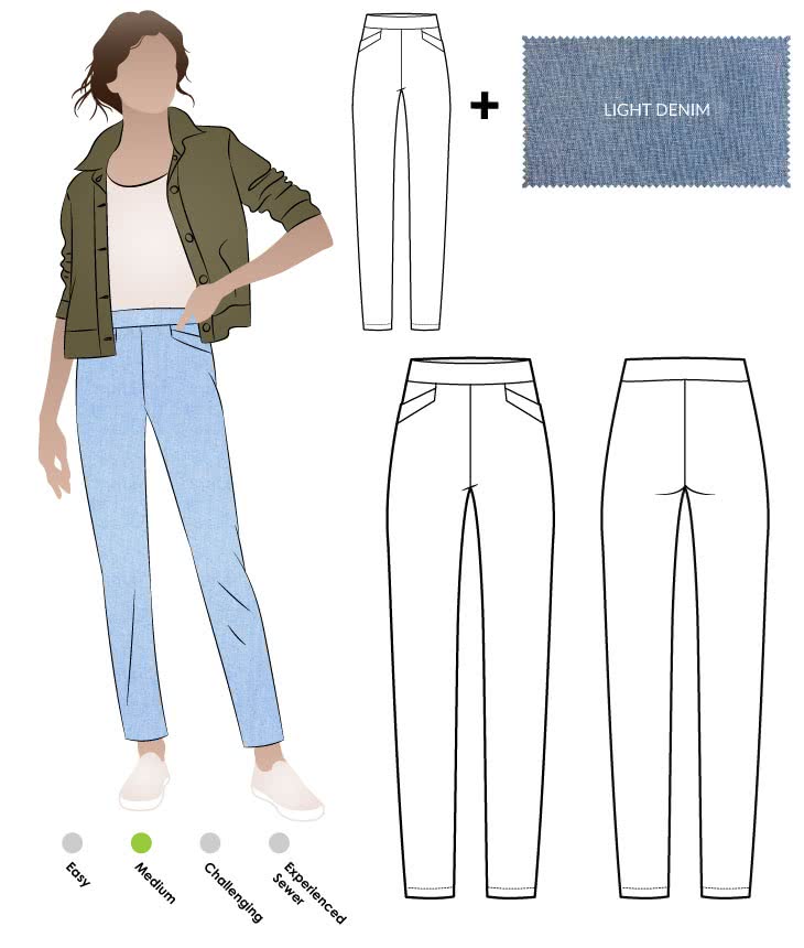 Airlie Stretch Pant and Light Denim Bengaline Fabric Sewing Pattern Fabric Bundle By Style Arc