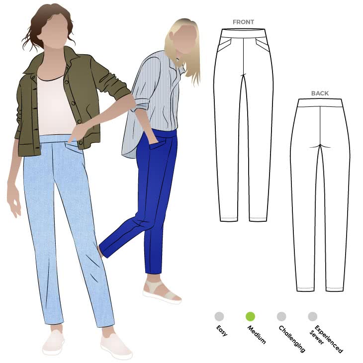 Airlie Stretch Pant Sewing Pattern By Style Arc - Slim line stretch woven pull-on pant sewing pattern with front pockets