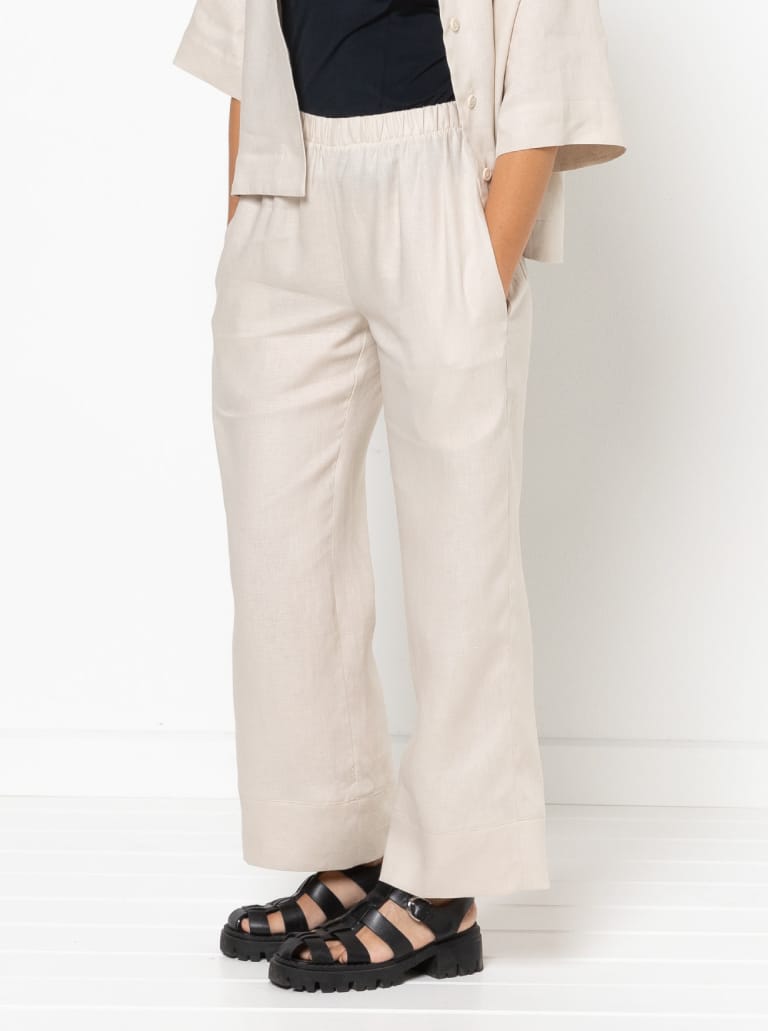Albie Woven Pant And Short By Style Arc - Pant - Straight leg elastic waisted pant with inseam and back patch pockets and hem bands. Short - Elastic waist short with inseam pockets and back patch pockets.