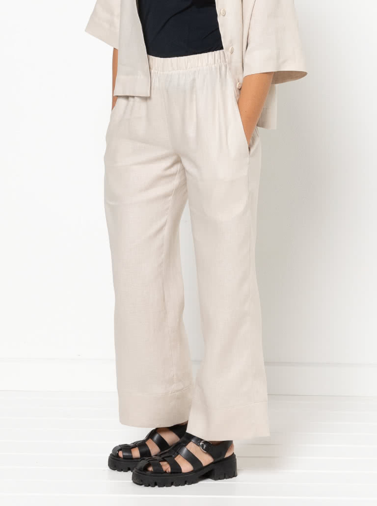 Albie Woven Pant and Short By Style Arc - Pant - Straight leg elastic waisted pant with inseam and back patch pockets and hem bands. Short - Elastic waist short with inseam pockets and back patch pockets.