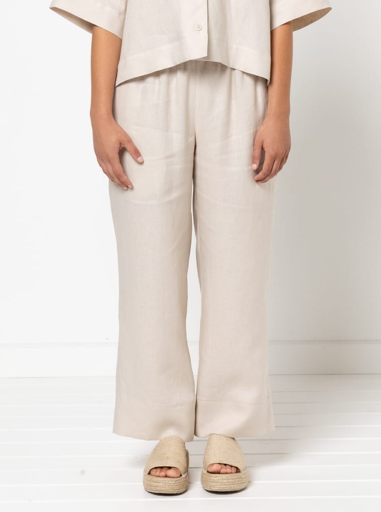 Albie Woven Pant And Short By Style Arc - Pant - Straight leg elastic waisted pant with inseam and back patch pockets and hem bands. Short - Elastic waist short with inseam pockets and back patch pockets.