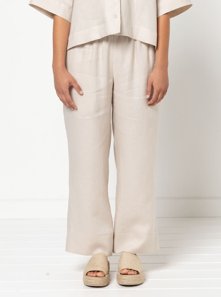 Albie Woven Pant and Short By Style Arc - Pant - Straight leg elastic waisted pant with inseam and back patch pockets and hem bands. Short - Elastic waist short with inseam pockets and back patch pockets.