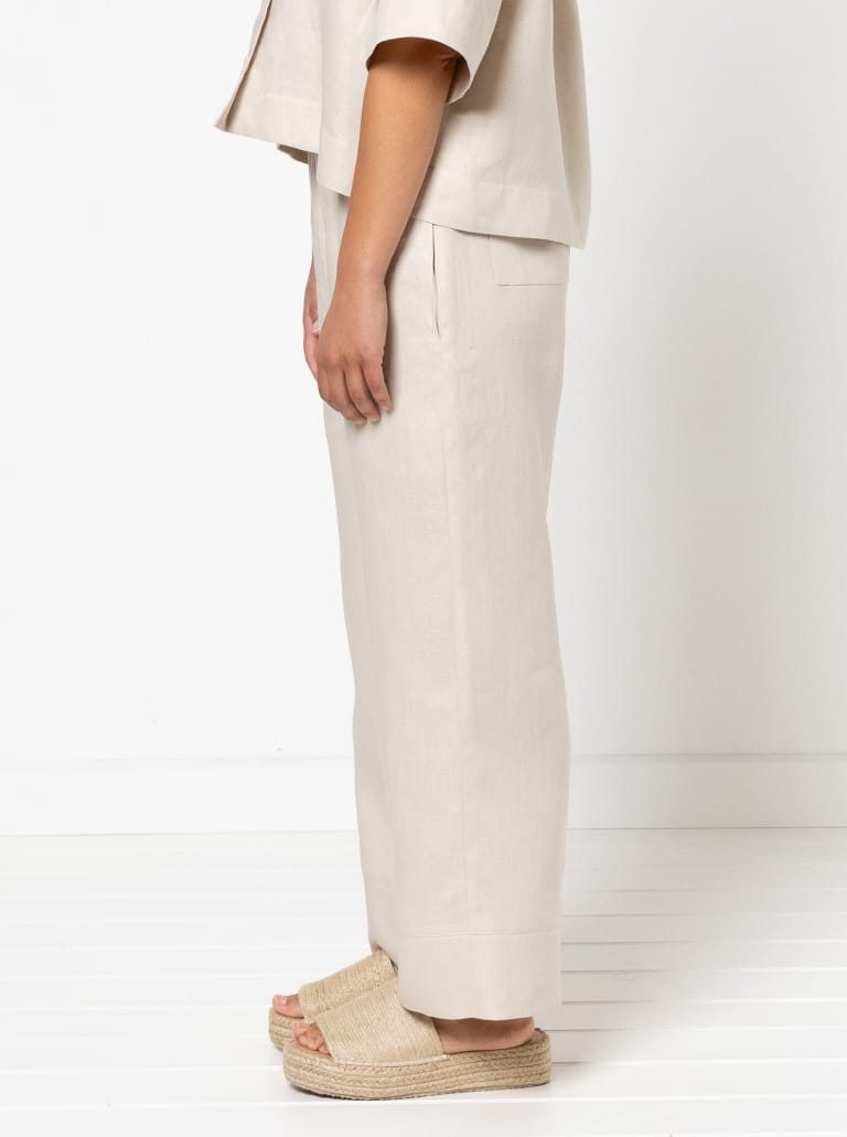 Albie Woven Pant And Short By Style Arc - Pant - Straight leg elastic waisted pant with inseam and back patch pockets and hem bands. Short - Elastic waist short with inseam pockets and back patch pockets.