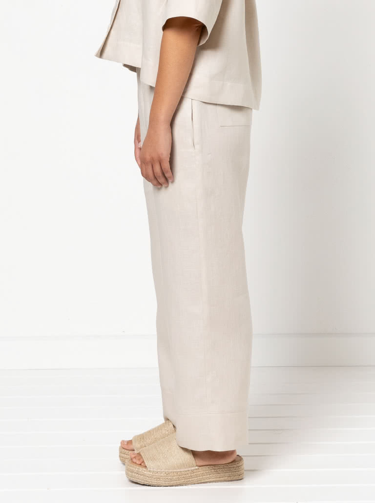 Albie Woven Pant and Short By Style Arc - Pant - Straight leg elastic waisted pant with inseam and back patch pockets and hem bands. Short - Elastic waist short with inseam pockets and back patch pockets.