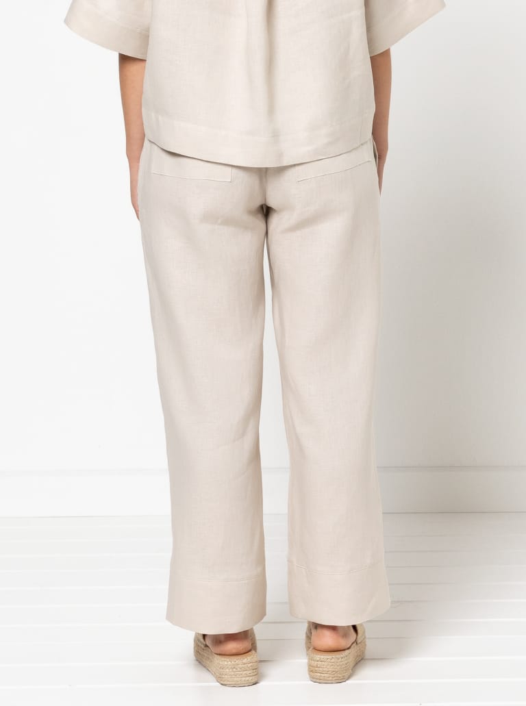 Albie Woven Pant And Short By Style Arc - Pant - Straight leg elastic waisted pant with inseam and back patch pockets and hem bands. Short - Elastic waist short with inseam pockets and back patch pockets.