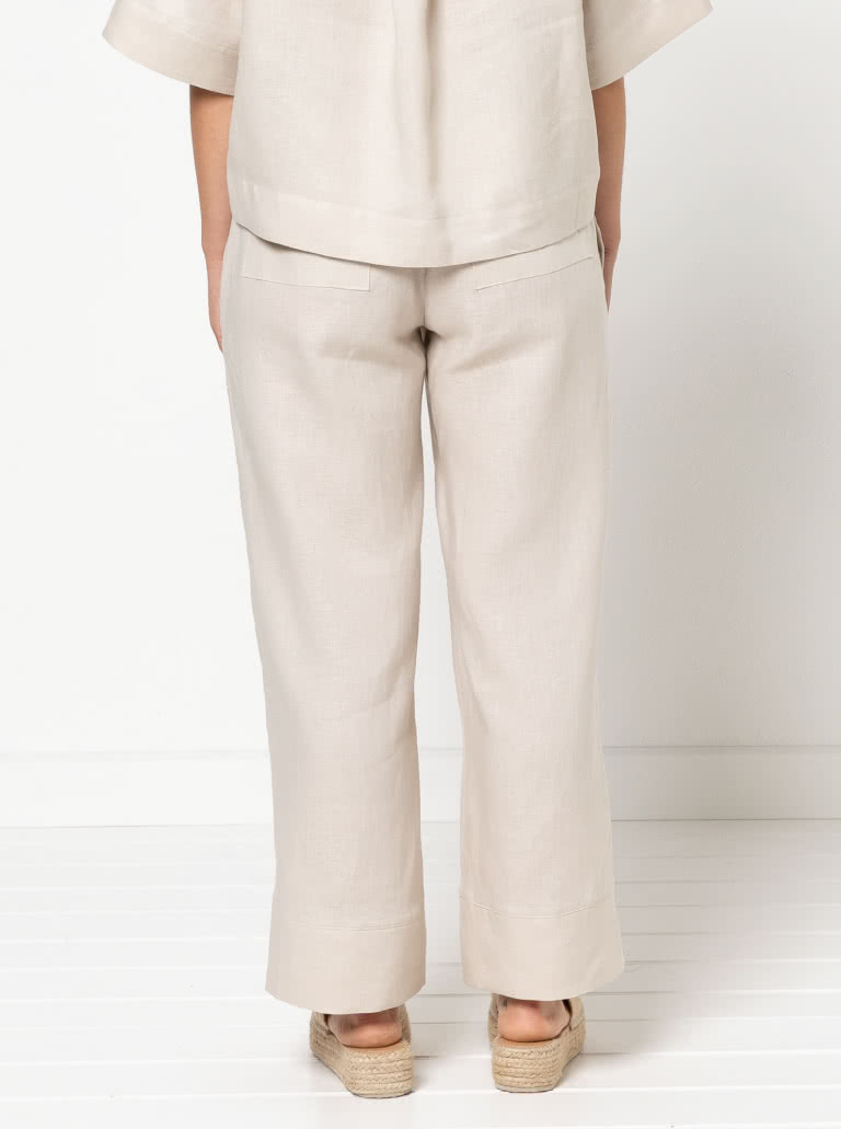 Albie Woven Pant and Short By Style Arc - Pant - Straight leg elastic waisted pant with inseam and back patch pockets and hem bands. Short - Elastic waist short with inseam pockets and back patch pockets.