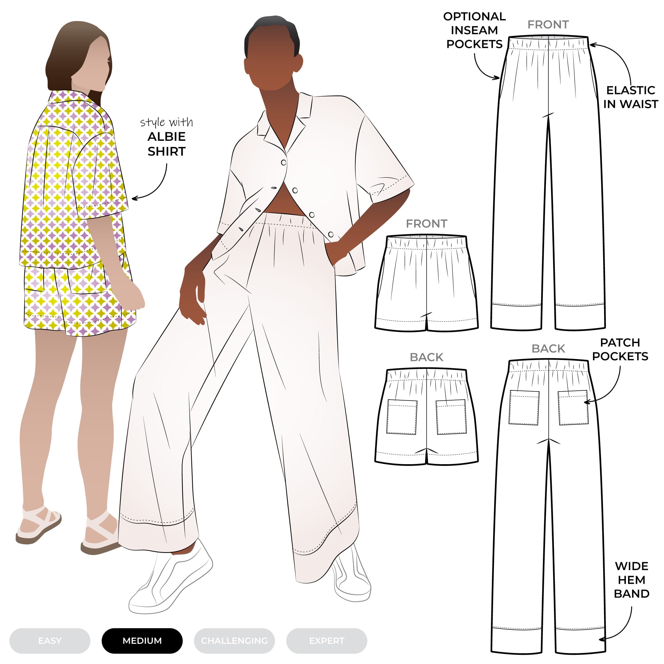 Albie Woven Pant and Short Albie Woven Pant and Short by Style Arc - Pant - Straight leg elastic waisted pant with inseam and back patch pockets and hem bands. Short - Elastic waist short with inseam pockets and back patch pockets.