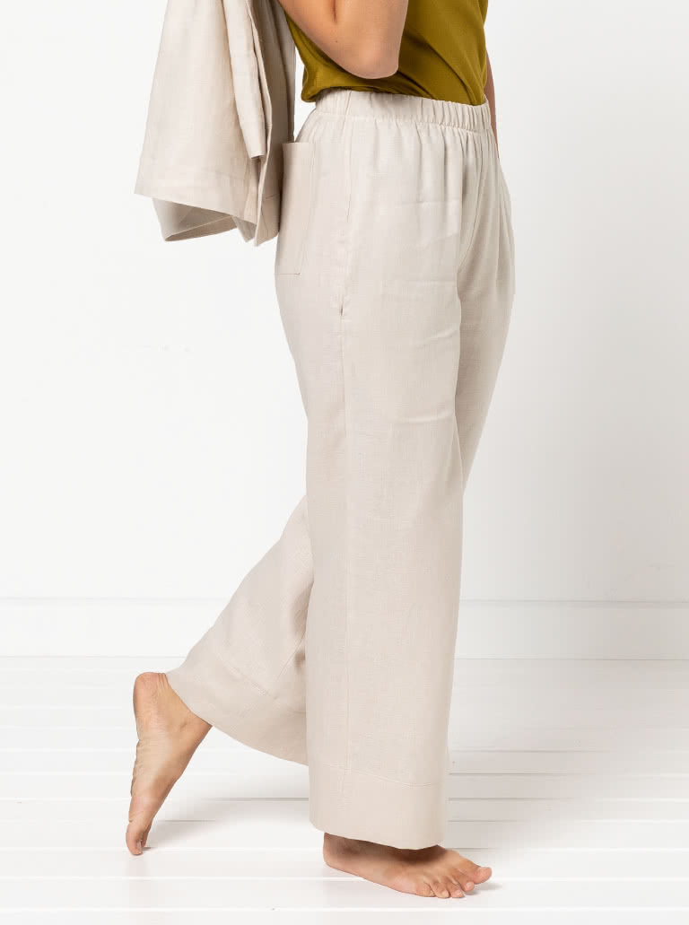Albie Woven Pant and Short By Style Arc - Pant - Straight leg elastic waisted pant with inseam and back patch pockets and hem bands. Short - Elastic waist short with inseam pockets and back patch pockets.