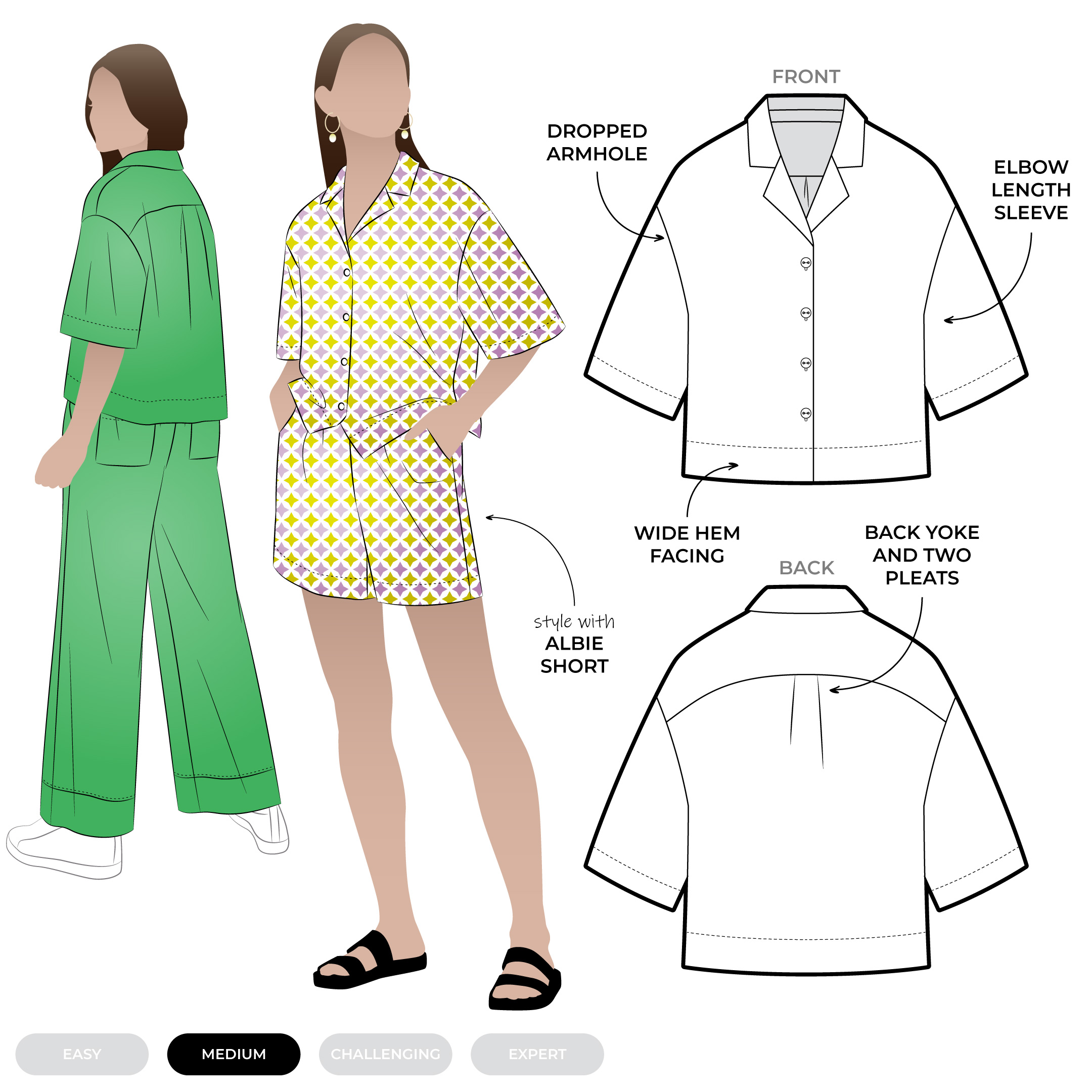 Albie Woven Shirt Albie Woven Shirt by Style Arc - Short boxy shaped shirt with a dropped shoulder and square shaped elbow length sleeve