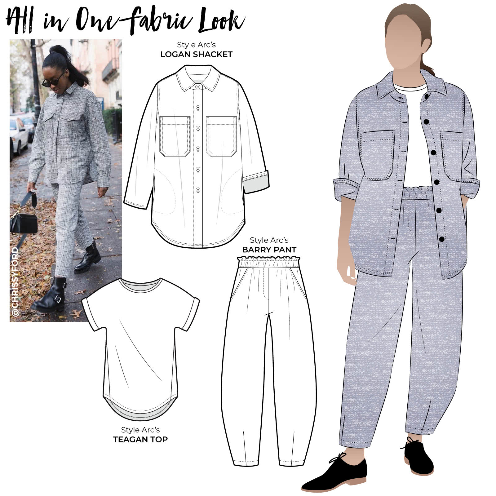 All in One Fabric Look Sewing Pattern Bundle By Style Arc - The perfect co-ord matching set of shacket, t-shirt and pants. Wear together as a fashionable look or separately in many ways.