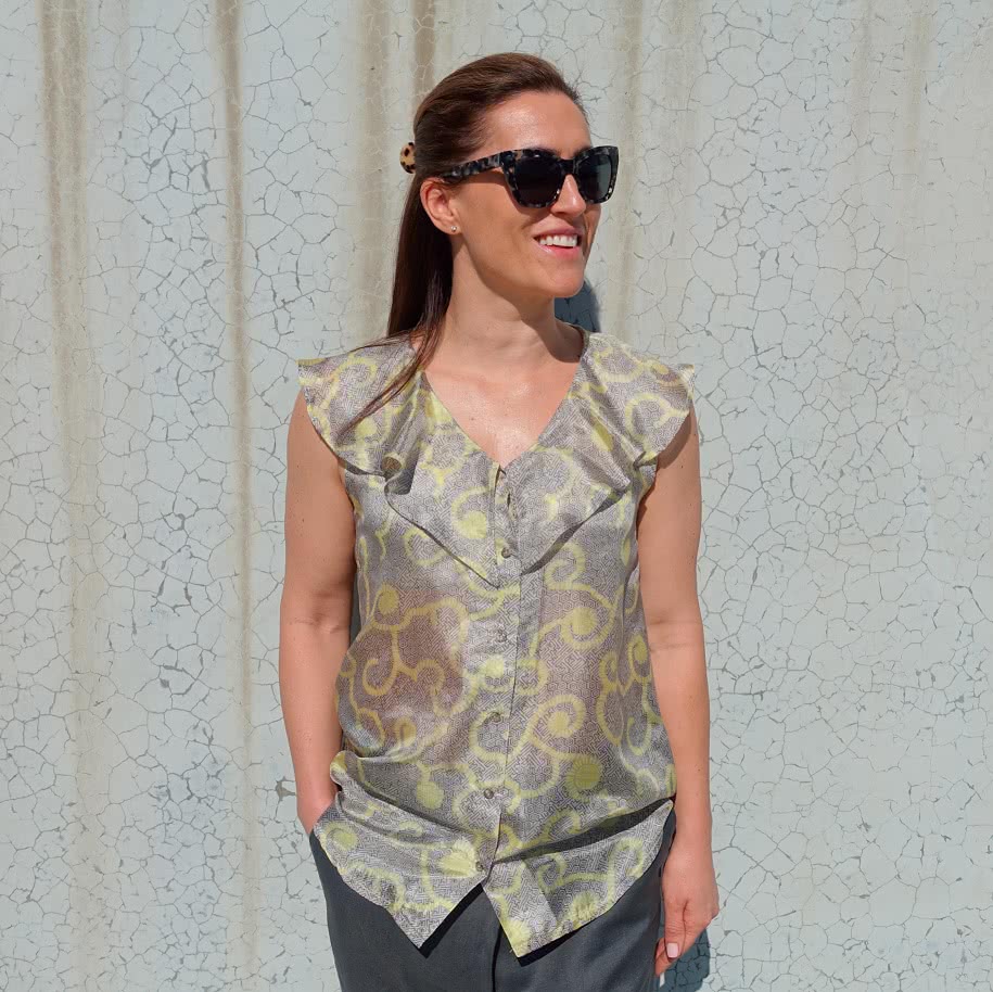 Almy Woven Top Sewing Pattern By Style Arc - Button through sleeveless top with neck flounce.