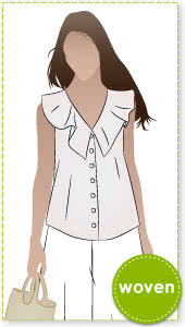 Almy Woven Top Sewing Pattern By Style Arc - Button through sleeveless top with neck flounce.