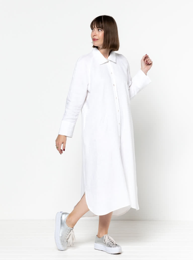 Anais Woven Dress By Style Arc - Long line shirt dress featuring long sleeves, shirt tails, collar and pockets.