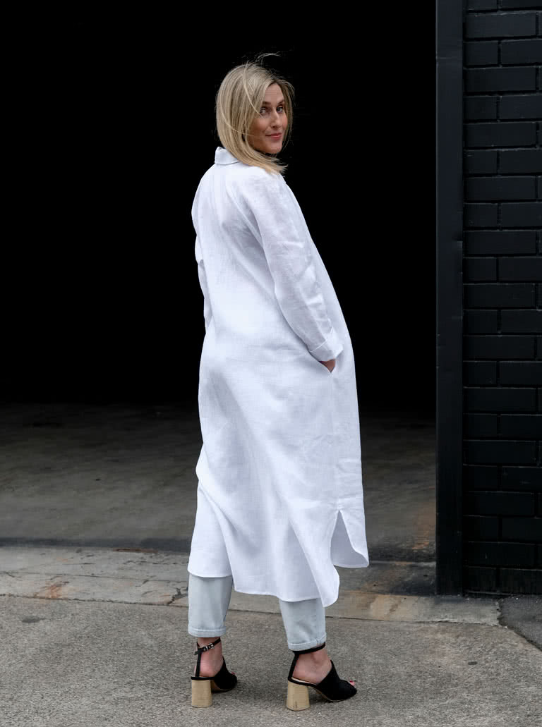 Anais Woven Dress By Style Arc - Long line shirt dress featuring long sleeves, shirt tails, collar and pockets.