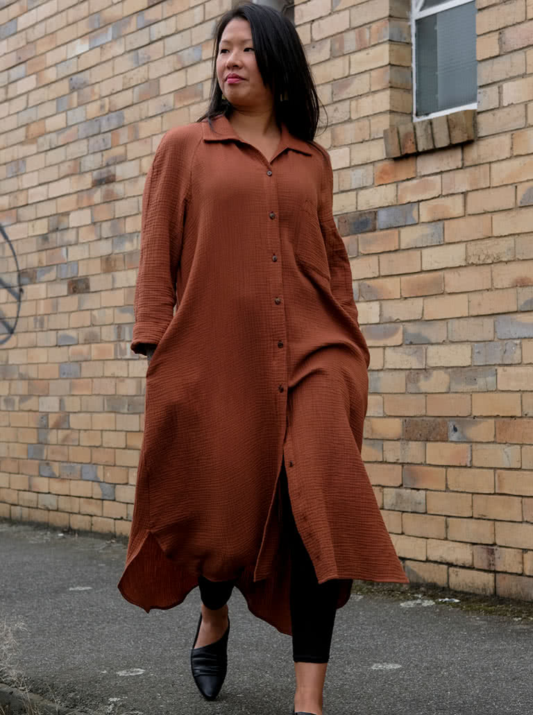 Anais Woven Dress By Style Arc - Long line shirt dress featuring long sleeves, shirt tails, collar and pockets.