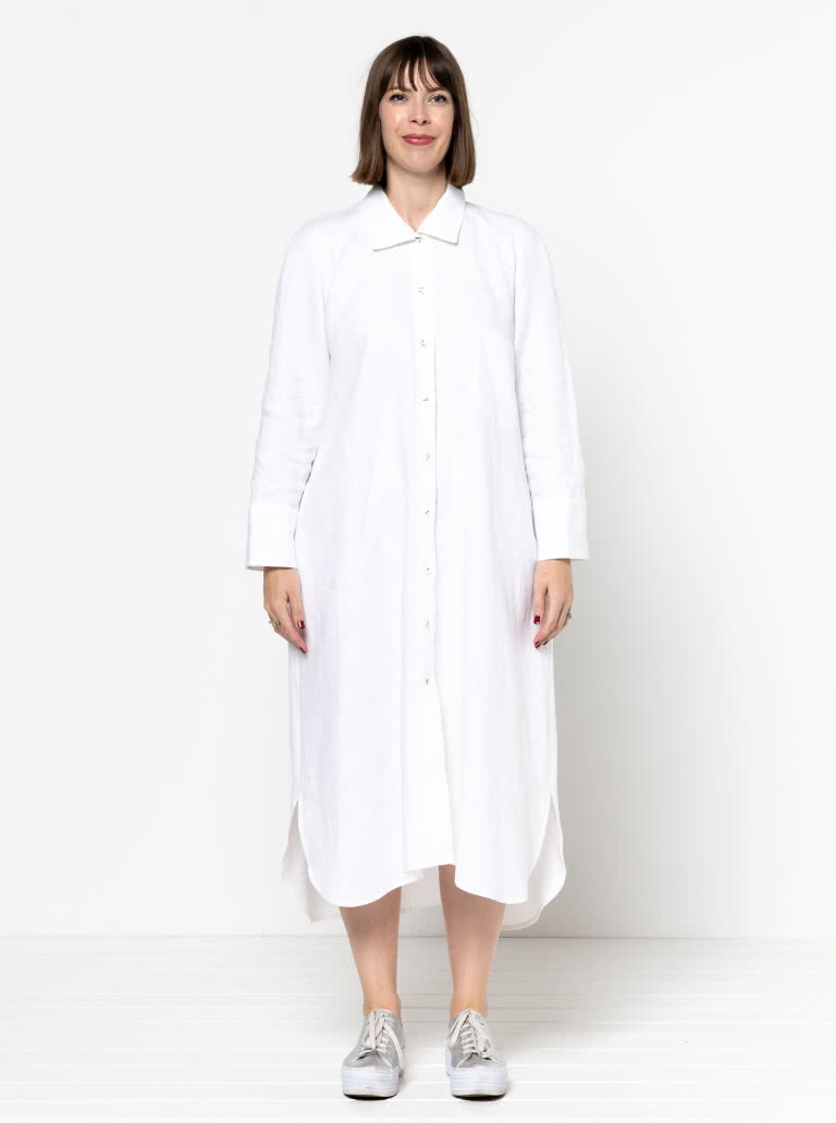 Anais Woven Dress By Style Arc - Long line shirt dress featuring long sleeves, shirt tails, collar and pockets.