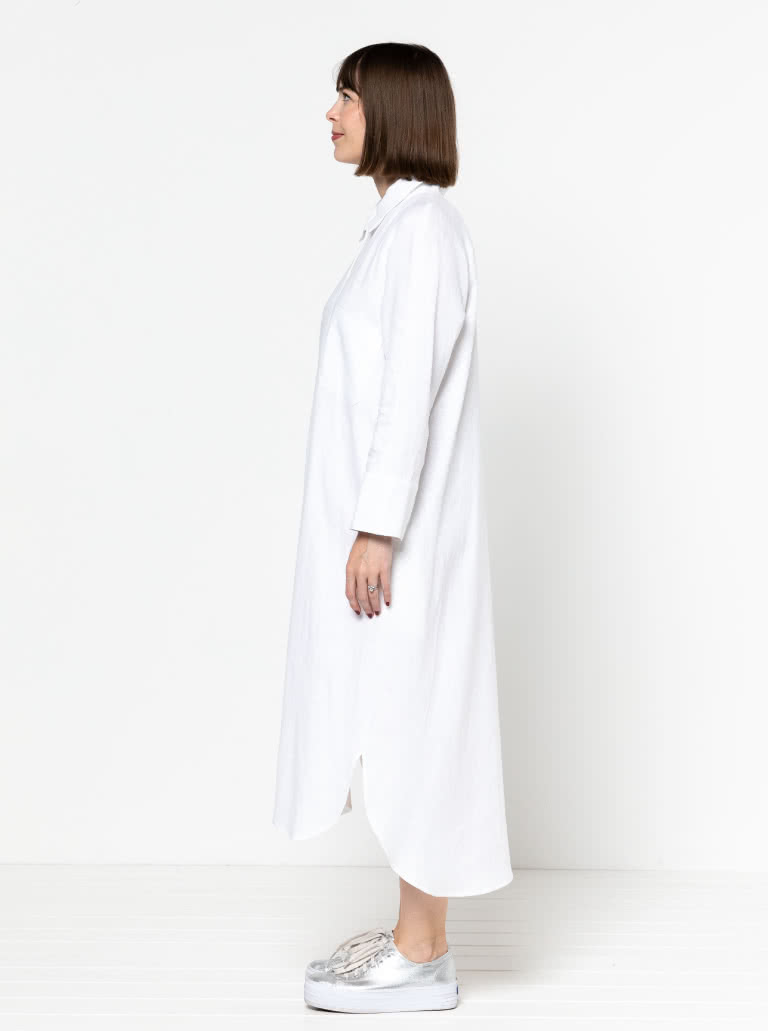 Anais Woven Dress By Style Arc - Long line shirt dress featuring long sleeves, shirt tails, collar and pockets.