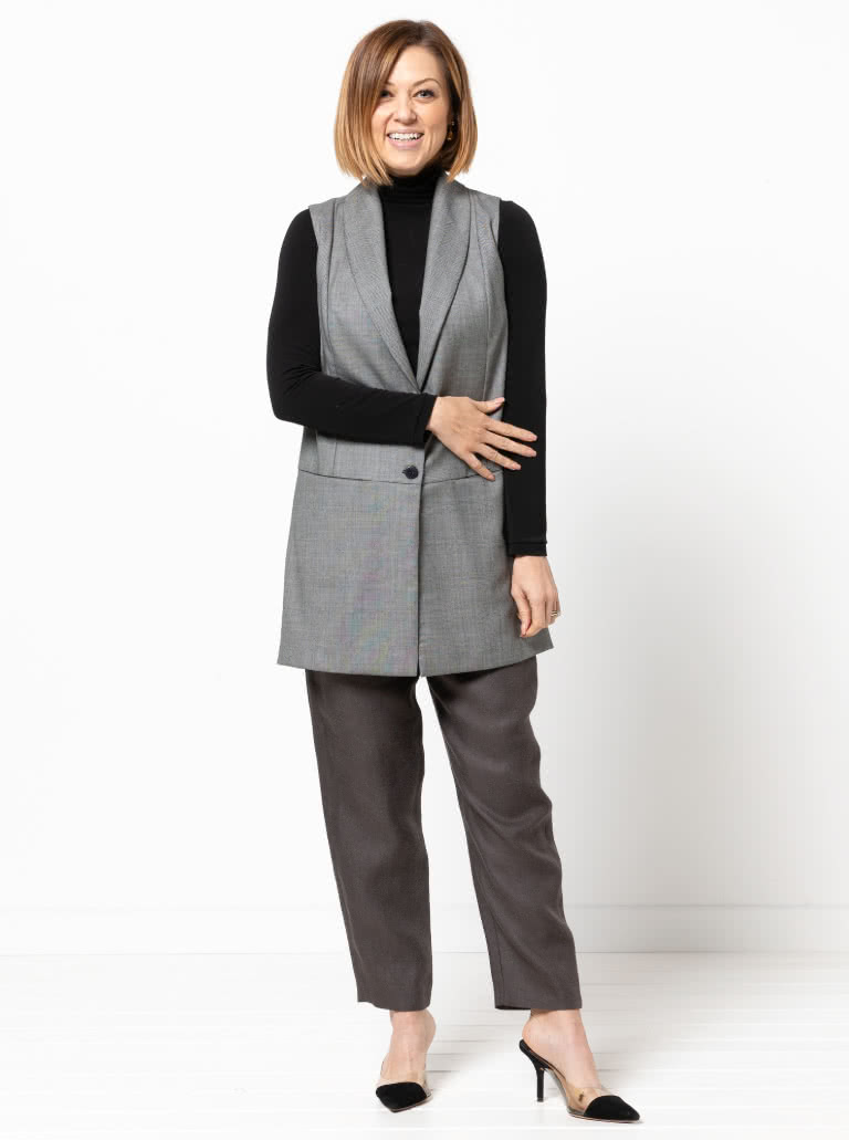Andrea Woven Vest Sewing Pattern By Style Arc - Trendy long line vest with shawl collar & pockets