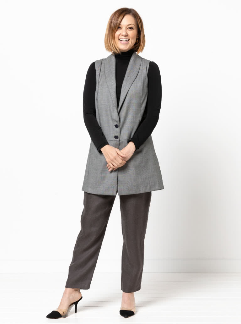 Andrea Woven Vest Sewing Pattern By Style Arc - Trendy long line vest with shawl collar & pockets