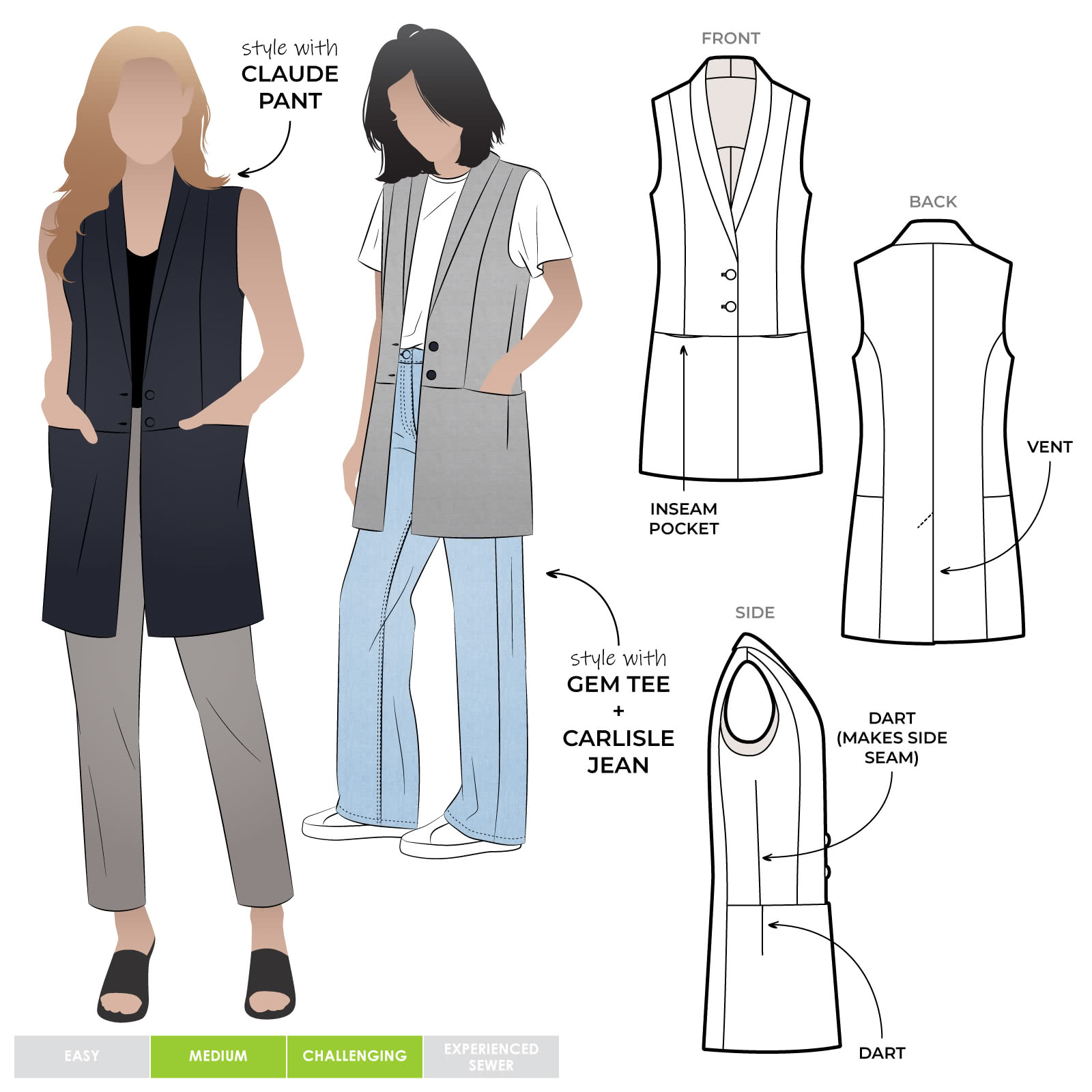 Andrea Woven Vest Sewing Pattern By Style Arc - Long line vest with shawl collar & pockets