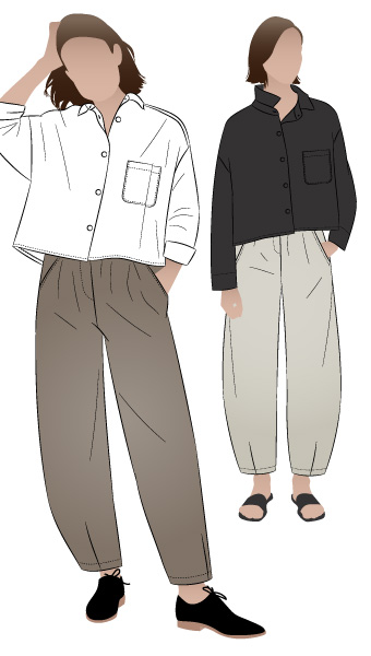 Archie and Barry Bundle By Style Arc - Boxy shaped short length shirt with shirt collar and long sleeves paired with elastic waisted pant with a slight balloon shaped darted leg.